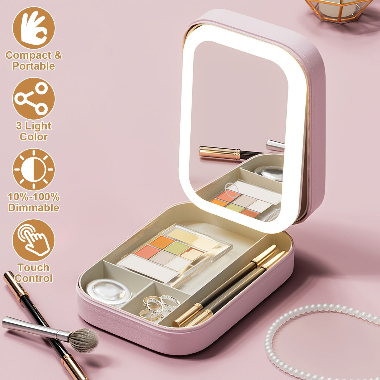 1Pc Portable Travel Makeup Bag with LED Mirror Rechargeable Beauty Mirror with 3 Color Light Dimmable Brightness Waterproof Cosmetic Bag with 4 Compartments Ideal Gift for Women Valentines Day Gift