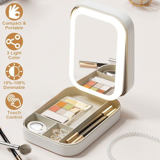 1Pc Portable Travel Makeup Bag with LED Mirror Rechargeable Beauty Mirror with 3 Color Light Dimmable Brightness Waterproof Cosmetic Bag with 4 Compartments Ideal Gift for Women Valentines Day Gift