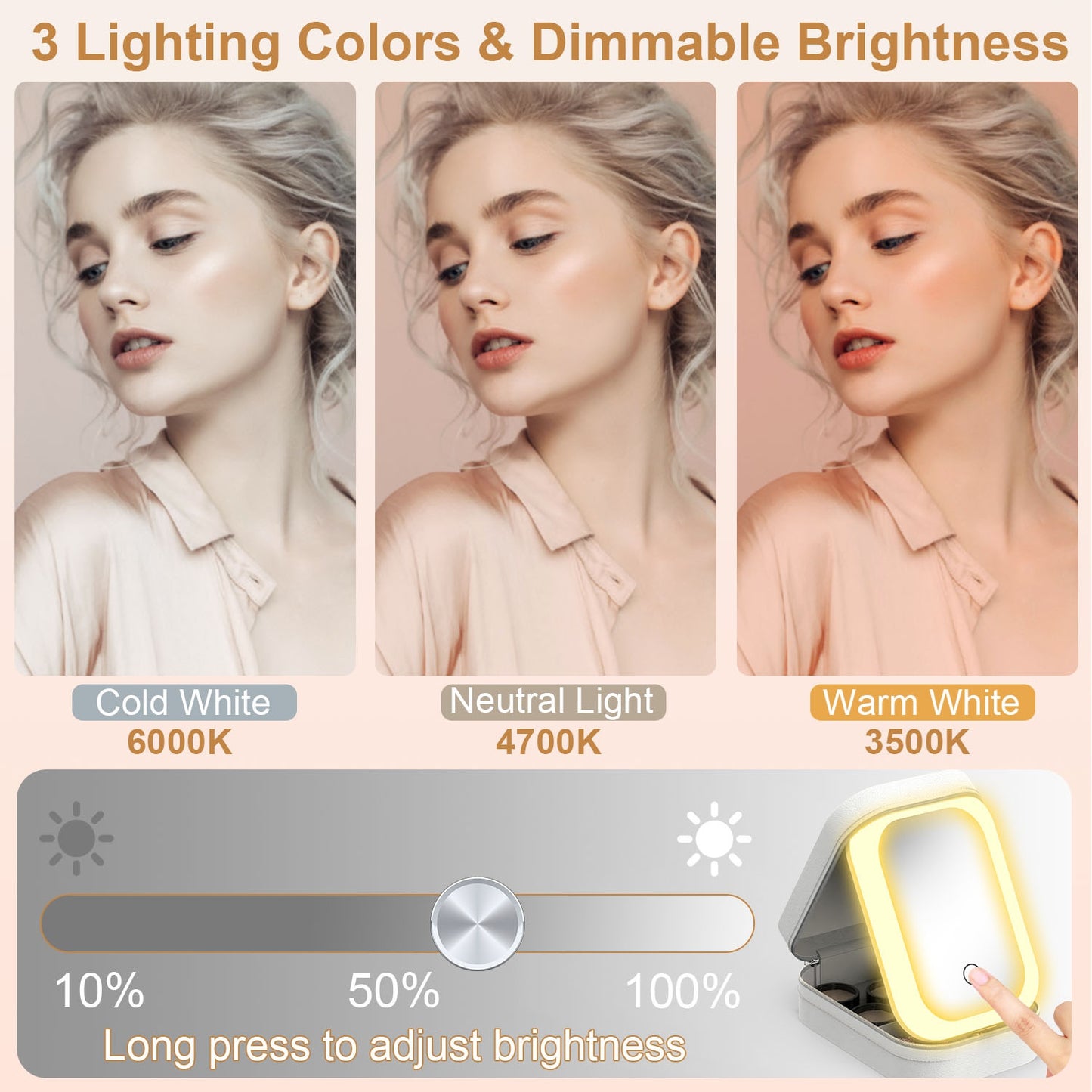 1Pc Portable Travel Makeup Bag with LED Mirror Rechargeable Beauty Mirror with 3 Color Light Dimmable Brightness Waterproof Cosmetic Bag with 4 Compartments Ideal Gift for Women Valentines Day Gift