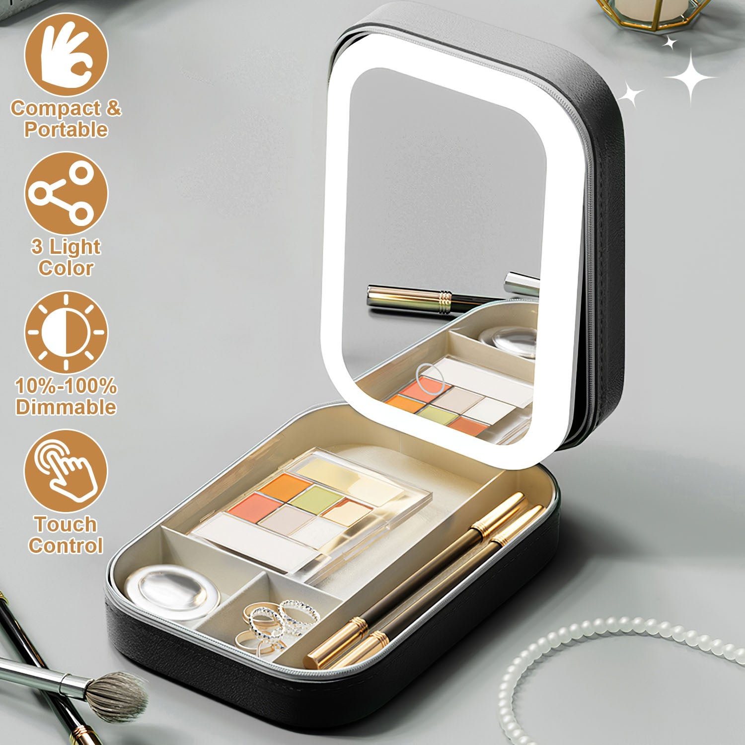 1Pc Portable Travel Makeup Bag with LED Mirror Rechargeable Beauty Mirror with 3 Color Light Dimmable Brightness Waterproof Cosmetic Bag with 4 Compartments Ideal Gift for Women Valentines Day Gift