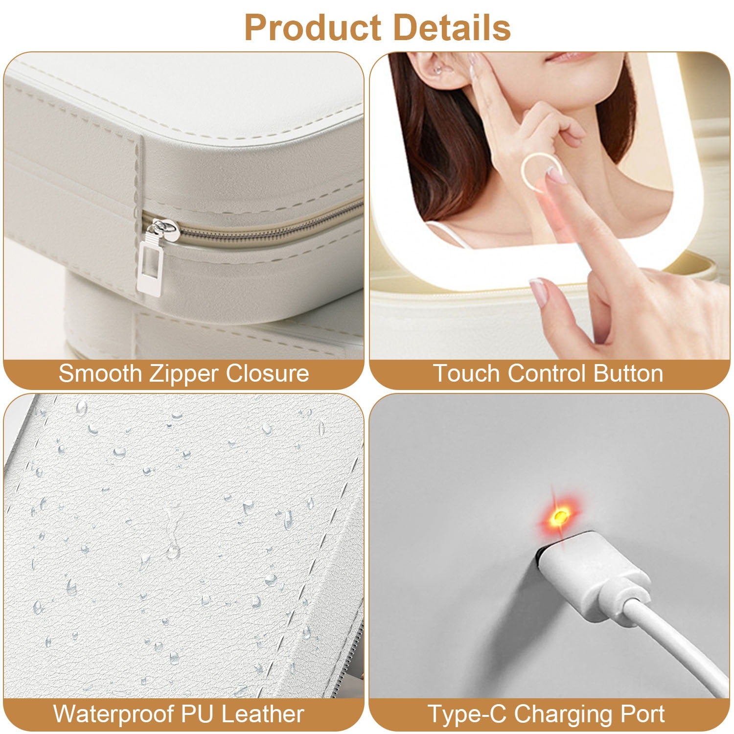 1Pc Portable Travel Makeup Bag with LED Mirror Rechargeable Beauty Mirror with 3 Color Light Dimmable Brightness Waterproof Cosmetic Bag with 4 Compartments Ideal Gift for Women Valentines Day Gift