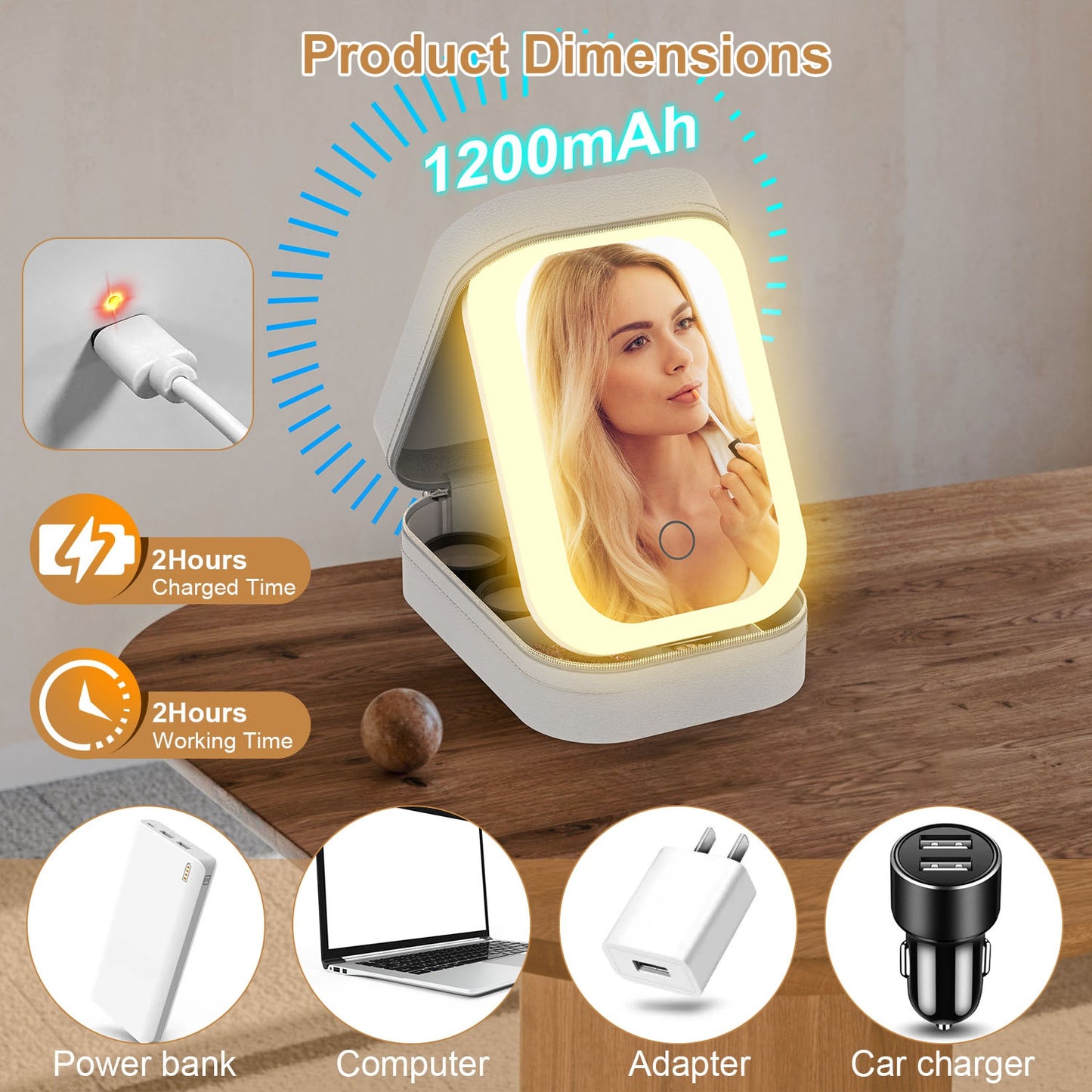1Pc Portable Travel Makeup Bag with LED Mirror Rechargeable Beauty Mirror with 3 Color Light Dimmable Brightness Waterproof Cosmetic Bag with 4 Compartments Ideal Gift for Women Valentines Day Gift