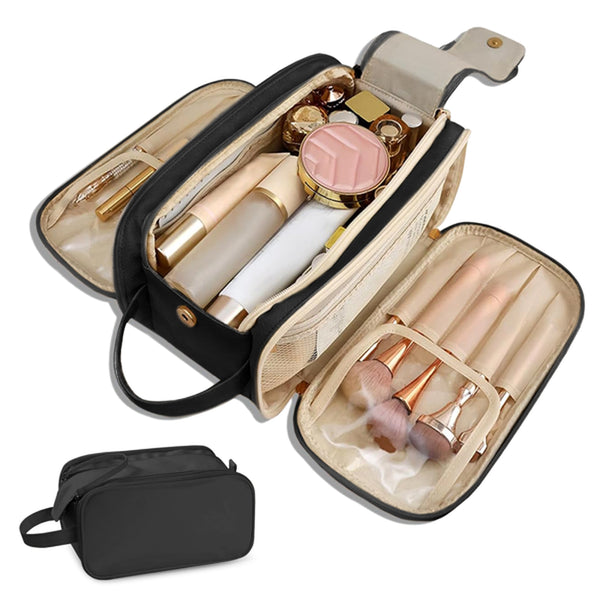 Large Capacity Cosmetic Organizer ,Travel Makeup Bag Organizer, Large Capacity Toiletry Bags for Traveling, Flat Open Waterproof PU Leather Cosmetic Bag with Compartments and Handles