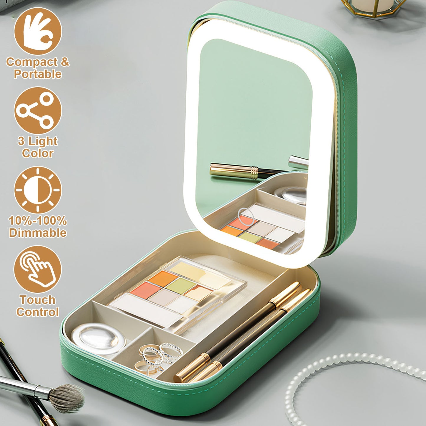 1Pc Portable Travel Makeup Bag with LED Mirror Rechargeable Beauty Mirror with 3 Color Light Dimmable Brightness Waterproof Cosmetic Bag with 4 Compartments Ideal Gift for Women Valentines Day Gift